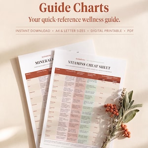 May include: Two printed guide charts titled Vitamin and Minerals Guide Charts and Vitamins Cheat Sheet. The documents feature tables with columns for vitamins, reasons to take, symptoms of deficiency, dietary food sources, and recommended daily amounts.