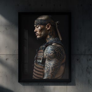 May include: A framed wall art print featuring a side profile of a person with extensive arm tattoos, wearing a dark headband and a textured chest piece. The artwork is displayed on a smooth grey concrete wall within a modern interior space.