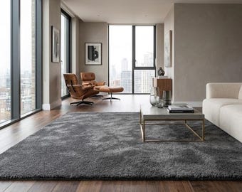 May include: A large, rectangular, dark grey area rug with a thick, shaggy pile texture. The rug is positioned on a dark brown wooden floor, covering a significant portion of the floor space in a room with floor-to-ceiling windows.