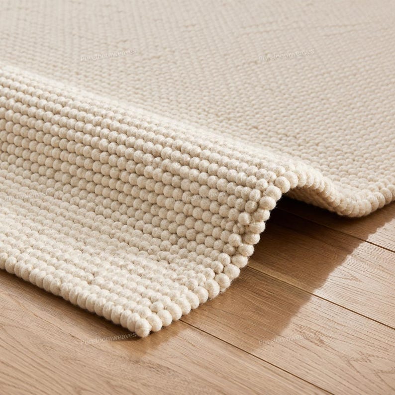 Chunky White Wool Pebble Rug, Handwoven Cream Wool Rug, Textured Wool ...