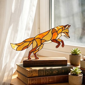 Stained Glass Fox Sculpture, Autumn Woodland Animal Art, Walnut Base Decor