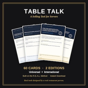 May include: A set of 60 instructional cards titled TABLE TALK: A Selling Tool for Servers, featuring two editions: Universal and International. The cards are white with dark blue headers and text, built on the R.E.A.L. Method for restaurant staff.