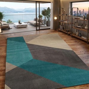 Geometric Area Rug Mid Century Modern Hand Tufted Wool Carpet Teal Grey Beige Block Pattern Rectangular Soft Plush Pile  Custom Sizes