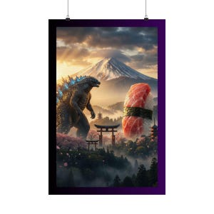 May include: A vertical wall art print featuring a giant grey monster with blue dorsal fins standing near a large piece of tuna nigiri sushi. The scene includes a snow-capped mountain, traditional torii gates, and cherry blossom trees at sunset.