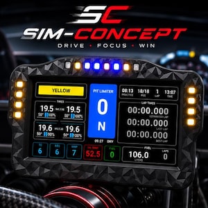 Peut inclure: Un tableau de bord numérique de course noir avec un cadre texturé géométrique, affichant des données de télémétrie comme la pression des pneus, les temps au tour et le carburant, avec le texte SC SIM-CONCEPT DRIVE FOCUS WIN en haut.