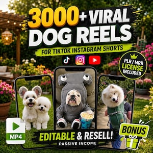 Puede incluir: Un anuncio de producto digital titulado 3000+ VIRAL DOG REELS FOR TIKTOK INSTAGRAM SHORTS. Muestra tres pantallas de teléfonos inteligentes con videos de perros, incluidos dos perros blancos pequeños, un bulldog con disfraz de tiburón.