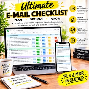 May include: A digital marketing resource titled Ultimate E-MAIL CHECKLIST displayed on a laptop screen and smartphone. The checklist includes sections for plan, optimize, and grow, with icons for email optimization, engagement, and conversions.