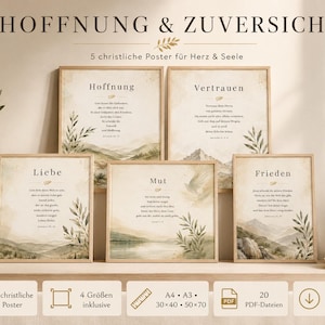 Könnte beinhalten: Fünf quadratische Poster mit beigem Hintergrund, Aquarell-Landschaftsillustrationen und deutschem Text. Die Titel lauten Hoffnung, Vertrauen, Liebe, Mut und Frieden. Die Poster sind in hellen Holzrahmen mit Olivenzweig-Akzenten gerahmt.