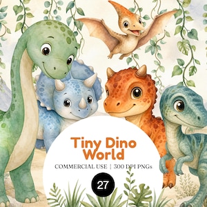 Aquarel clipartbundel van babydinosaurussen voor kinderen, jungle dinosaurus babyshower, verjaardag PNG's (27 bestanden)