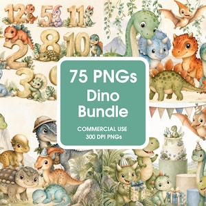 Op de afbeelding: Een digitale collectie van 75 PNG-bestanden met illustraties in aquarel-stijl van diverse dinosaurussen, waaronder triceratops, pterodactyls en brontosaurussen, naast grote cijfers en feestelijke elementen met de tekst 75 PNGs Dino Bundle.