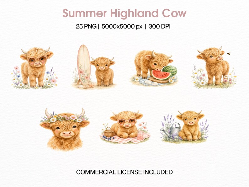 highland-cow-clipart-bundle-watercolor-baby-cattle-pngs-summer-beach