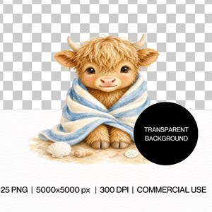 highland-cow-clipart-bundle-watercolor-baby-cattle-pngs-summer-beach