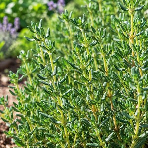 May include: A cluster of fresh thyme plants featuring numerous upright, slender, light green stems and small, narrow, dark green leaves. The plant displays a dense, branching structure with multiple stems growing vertically from the base.