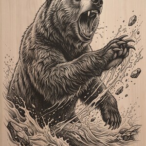 May include: A black ink illustration on a light wood grain surface depicting a grizzly bear with its mouth open, showing teeth and tongue. The bear is positioned in splashing water with rocks flying through the air, rendered in detailed line work.