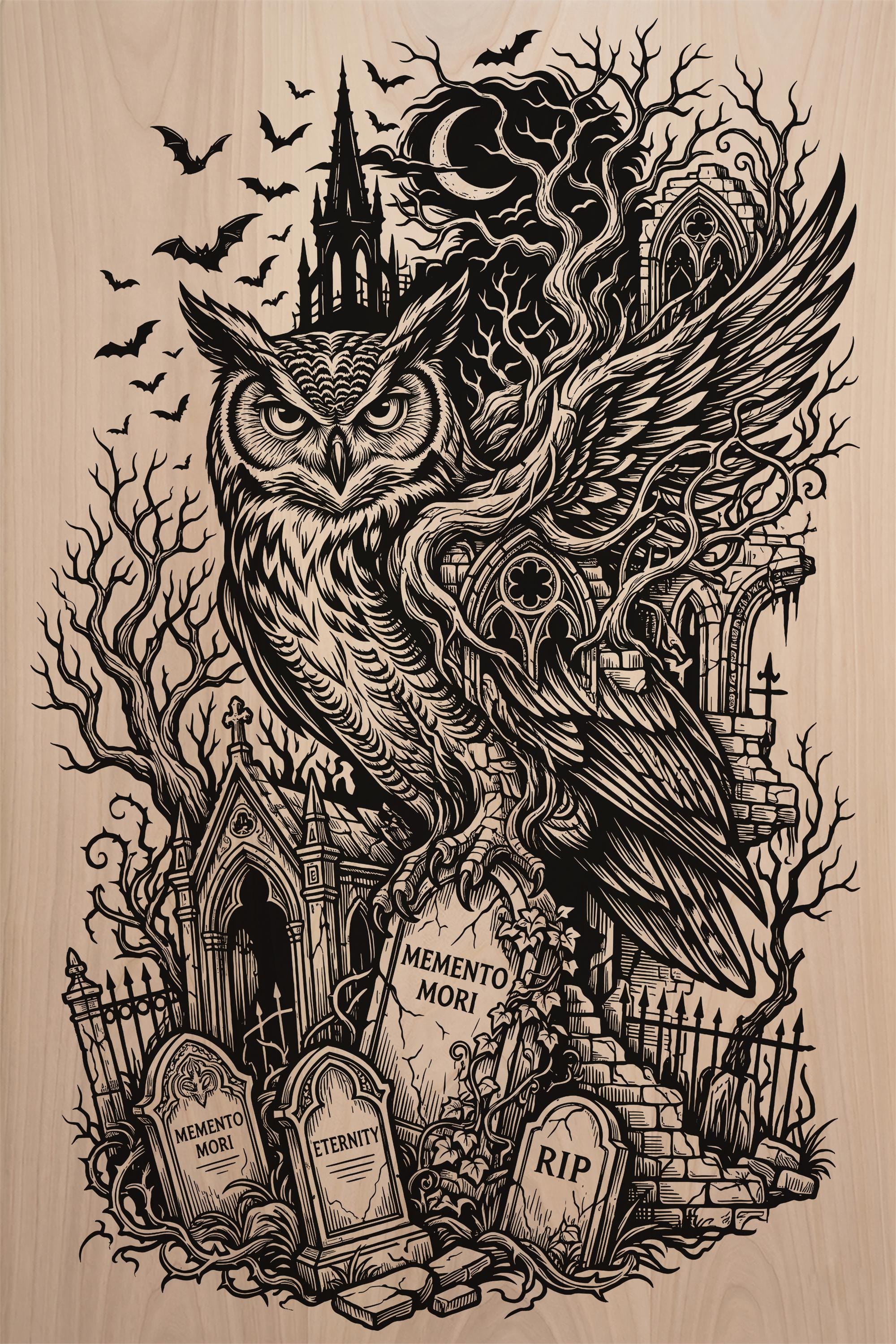 Gothic Cemetery Owl Memento Mori Halloween CNC Laser Engraving File (Digital Download)