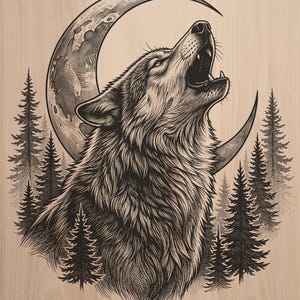 May include: A black ink illustration on a light wood grain surface depicting a wolf howling at a crescent moon. The wolf is surrounded by a forest of pine trees, rendered with detailed line work and stippling to create texture and depth.