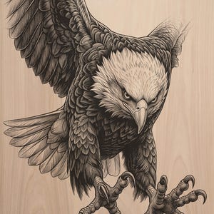 May include: A detailed black ink illustration of a bald eagle in flight, captured with its wings spread wide and talons extended forward. The artwork is rendered on a light-colored wooden surface, showcasing intricate line work and shading.