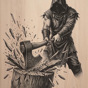 May include: A black and white wood engraving illustration on a light wood grain background depicting a hooded figure in an apron swinging a large, ornate axe into a wooden log, causing wood splinters to fly outward in a dynamic motion.