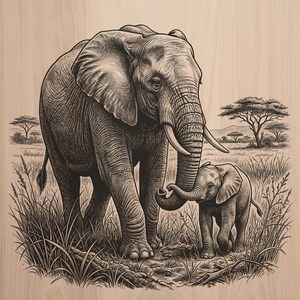 May include: A black and white wood print featuring a detailed illustration of an adult elephant walking alongside a small calf in a grassy savanna landscape with acacia trees in the background, rendered with fine lines on a light wood grain surface.