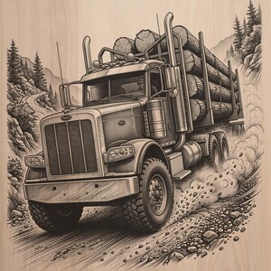Pode incluir: Uma ilustração gravada em madeira a preto e branco de um camião de transporte de madeira pesado que transporta uma carga de troncos. O camião é representado a conduzir numa estrada de montanha poeirenta e rochosa com pinheiros ao fundo.