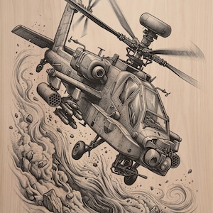 May include: A detailed black and white illustration on a light wood grain background depicting an attack helicopter in flight. The aircraft features a rotor system, cockpit windows, and mounted weaponry, with swirling dust and rocks below it.