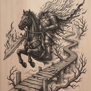 May include: A black and white wood print illustration featuring a headless knight in armour riding a horse across a wooden bridge. The knight holds a flaming sword, and a cape flows behind, dissolving into flames amidst bare, twisted trees.
