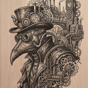 May include: A black and white wood print featuring a plague doctor wearing a top hat adorned with gears and a clock face. The figure is set against a detailed industrial cityscape with smoking chimneys, a clock tower, and complex mechanical gears.