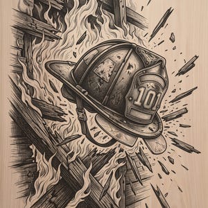 May include: A black and white wood print featuring a detailed illustration of a firefighter helmet with the number 101 on the front. The helmet is surrounded by stylized flames and splintering wooden debris, rendered in a stippled ink style.