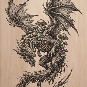 May include: A black ink illustration on a light wood grain surface depicting a dragon with a body composed of twisted roots and branches, covered in various mushrooms. The dragon has large, tattered wings and an open mouth with sharp teeth.
