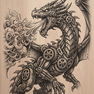 May include: A black and white line art illustration of a mechanical dragon on a light wood grain background. The dragon features intricate gears, cogs, and metallic plating throughout its body, with smoke billowing from its open, toothy mouth.