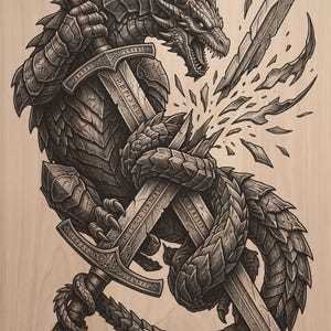 May include: A black and white wood engraving featuring a scaled dragon holding a large sword that is shattering into shards. The dragon has sharp horns, visible teeth, and claws gripping the hilt and blade, which are etched with runic symbols.