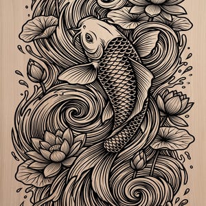 May include: A black line art illustration on a light wood grain background featuring a koi fish swimming amidst swirling water currents and blooming lotus flowers with lily pads. The detailed graphic design showcases flowing lines and organic shapes.
