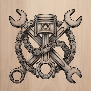 Puede incluir: Una ilustración detallada en marrón oscuro impresa sobre una superficie de madera clara. El diseño presenta un pistón de motor central y una biela, cruzados por dos llaves fijas, todo rodeado por una cadena de transmisión metálica robusta.