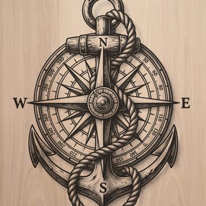 Puede incluir: Una ilustración en tinta negra sobre un fondo de veta de madera clara que presenta una brújula náutica centrada detrás de un ancla de barco. Una cuerda gruesa está envuelta alrededor del ancla y la brújula. Muestra los puntos N, S, E, O.