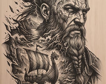 Bebaarde Viking Warrior & Longship Scene CNC-lasergravurebestand (digitale download)