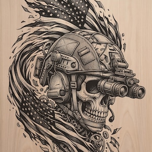 Puede incluir: Una ilustración grabada en madera en blanco y negro de un cráneo humano con un casco de combate táctico y gafas de visión nocturna. El cráneo está rodeado por una bandera estadounidense ondeante y desgarrada y engranajes.