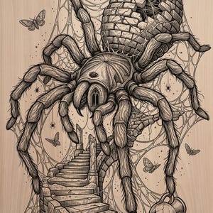 May include: A black ink illustration on a light wood surface depicting a large spider with a brick-patterned abdomen. The spider stands over a stone staircase and a broken ceramic vessel, surrounded by intricate spiderwebs and several small moths.