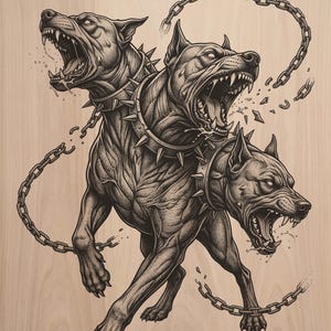 May include: A black and white ink illustration on a light wood grain surface depicting a three-headed dog with spiked collars. The creature is shown in a dynamic pose with mouths open, baring teeth, and surrounded by broken metal chains.
