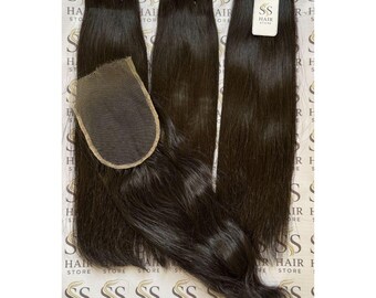 Raw Indian Straight Human Hair Bundles with HD Lace Closure Combo