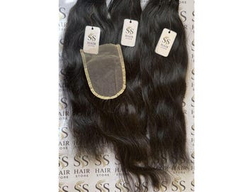 Raw Indian Wavy Human Hair Bundles with Swiss Lace Closure Natural Black Wig Making