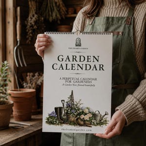 Puede incluir: Un calendario de jardín de espiral blanca con texto negro que dice THE FRAMED GARDEN GARDEN CALENDAR A PERPETUAL CALENDAR FOR GARDENERS A Garden Year, framed beautifully. La parte inferior presenta una ilustración colorida de herramientas y flores.