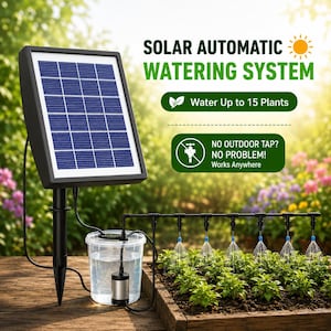 May include: A solar automatic watering system featuring a black solar panel on a stake, a clear water bucket with a submerged pump, and a black tubing line with six spray nozzles watering a garden bed. Text reads: SOLAR AUTOMATIC WATERING SYSTEM.