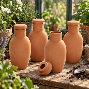 May include: Four terracotta vessels with matching lids, featuring a smooth, matte finish and a rounded, bulbous shape. Three of the vessels are closed with their lids, while one vessel stands open with its lid placed in front on the wooden surface.