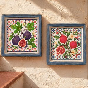 Fig and Pomegranate Cross Stitch Pattern Bundle PDF, Mediterranean Fruit Charts, Harvest Kitchen Decor