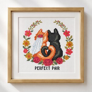 Cat Couple Cross Stitch Pattern PDF, Perfect Pair Anniversary Chart, Romantic Cat Lover Gift