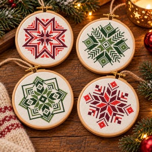 May include: Four circular wooden embroidery hoops containing cross-stitch fabric with geometric snowflake patterns. Two hoops feature red and maroon designs, while the other two display green and dark green patterns. Each hoop has a jute twine loop.