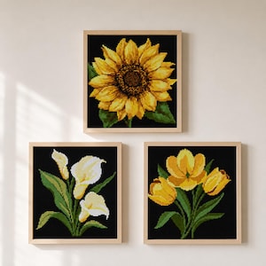 Floral Cross Stitch Pattern Bundle, Sunflower Tulip Calla Lily Set, Botanical Flower Pattern Set