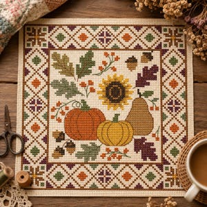 Puede incluir: Un bordado de punto de cruz cuadrado sobre tela color crema con un motivo otoñal central de dos calabazas, una pera, un girasol, hojas de roble y bellotas, todo ello encerrado en un borde geométrico de rombos naranjas, verdes y morados.