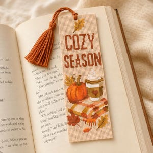 Fall Cross Stitch Bookmark Pattern PDF, Cozy Season Autumn Reader Chart, Pumpkin Coffee Book Lover Gift