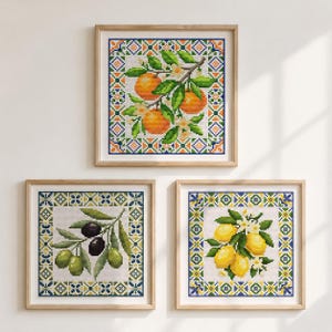 Op de afbeelding: Drie vierkante ingelijste kruissteek kunstwerken met botanische ontwerpen. Het bovenste stuk toont sinaasappels met groene bladeren en witte bloesems. Linksonder staan olijven aan een tak. Rechtsonder zijn gele citroenen met groene bladeren.
